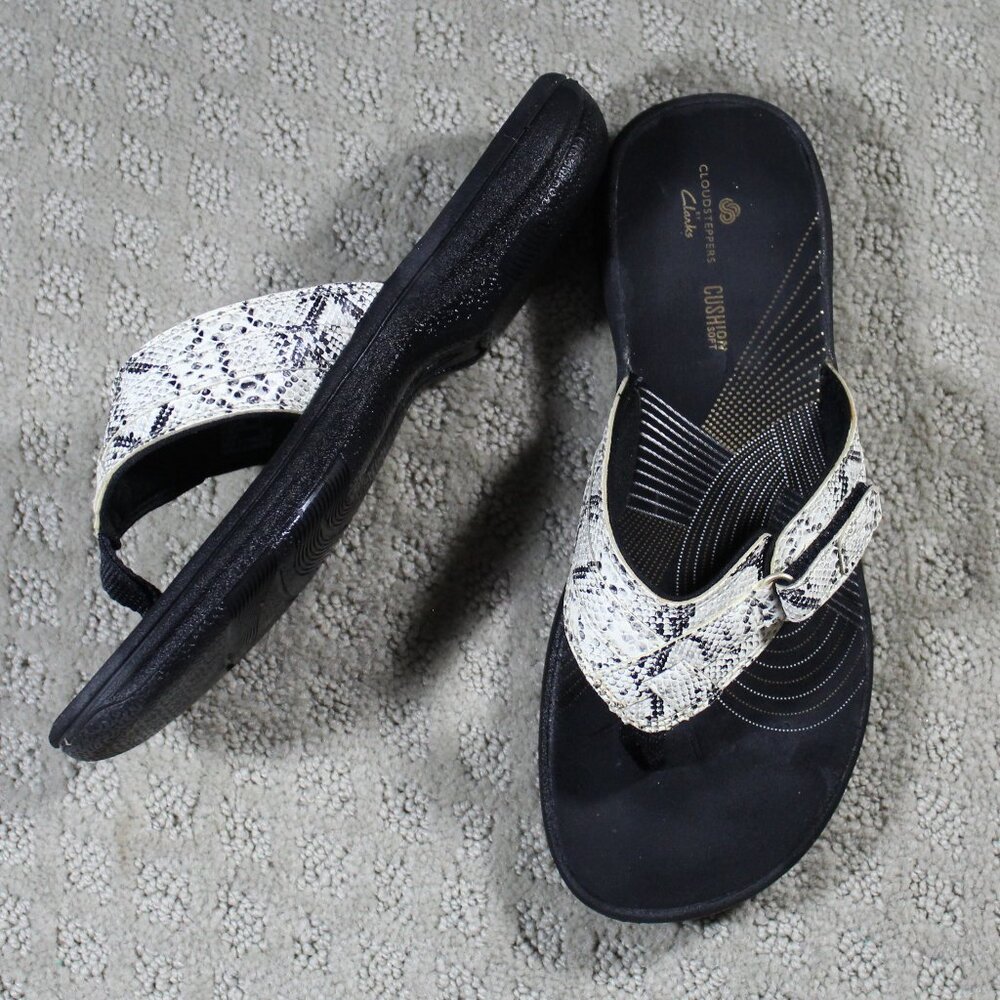Clarks Cloudstepper Women's 6M Black White Hook & Loop Adjustable Flip Flops